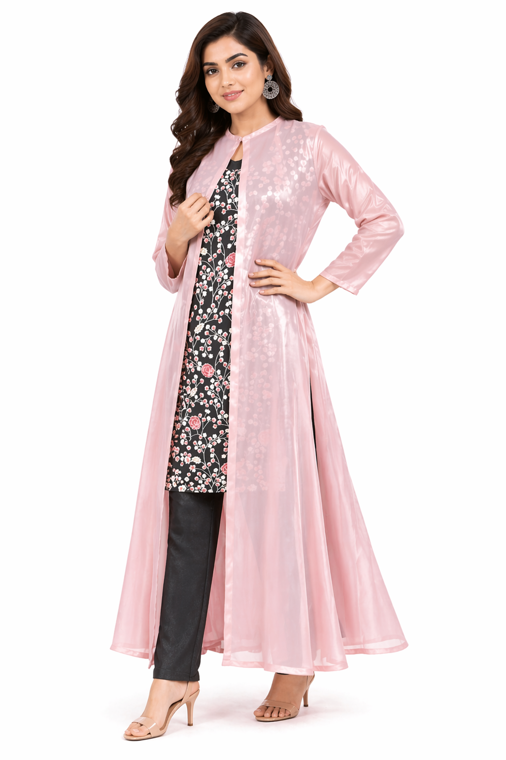 Cedar Kurti Set with Flamingo Pink Tissue Jacket & Kora Cotton Pant