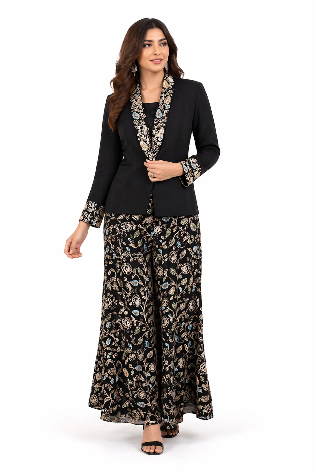 Black Co-ord Set with Crepe Jacket, V-Neck Bustier & Palazzo