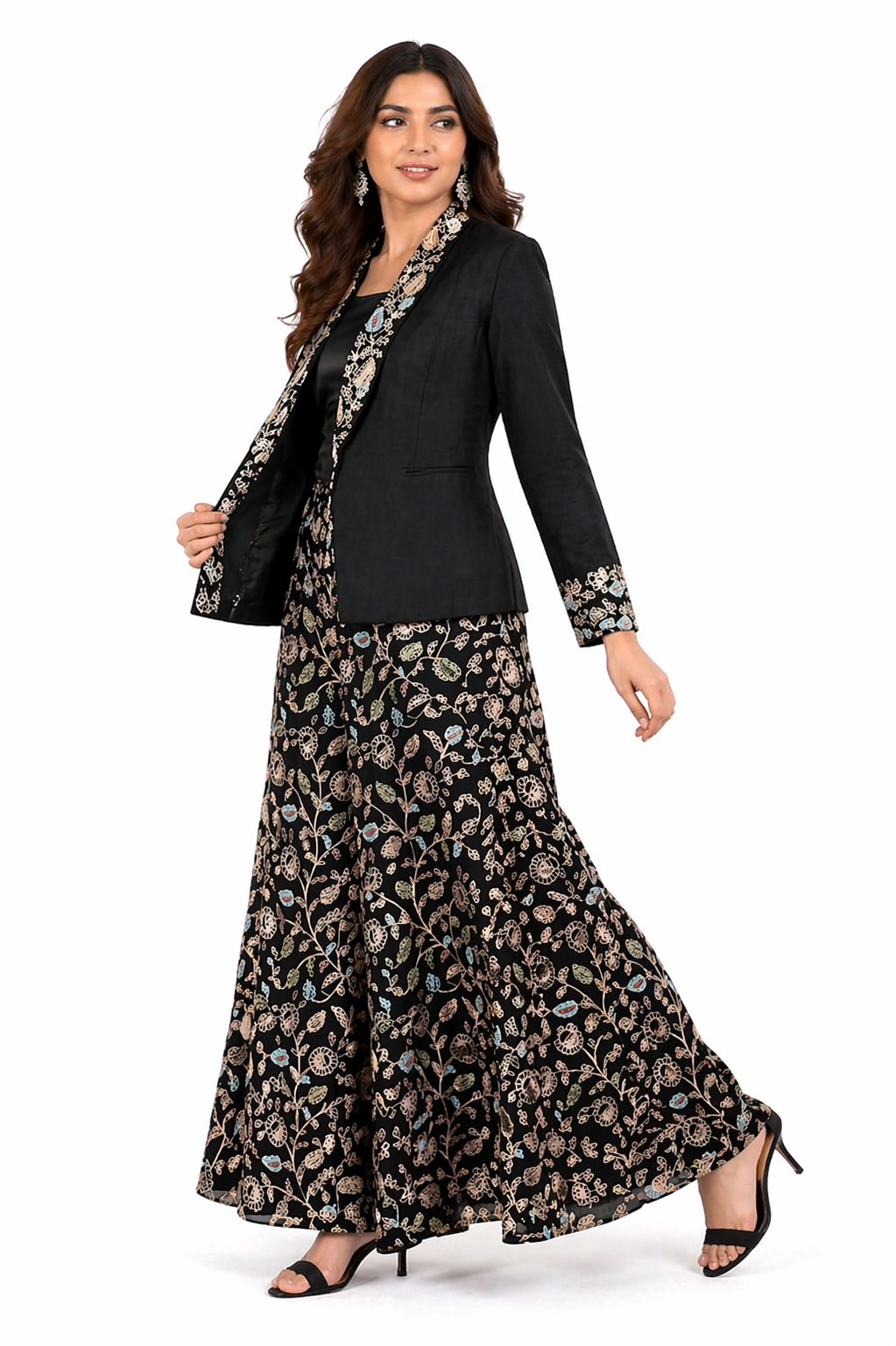 Black Co-ord Set with Crepe Jacket, V-Neck Bustier & Palazzo