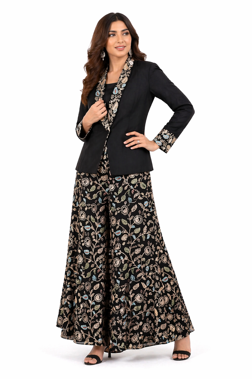 Black Co-ord Set with Crepe Jacket, V-Neck Bustier & Palazzo