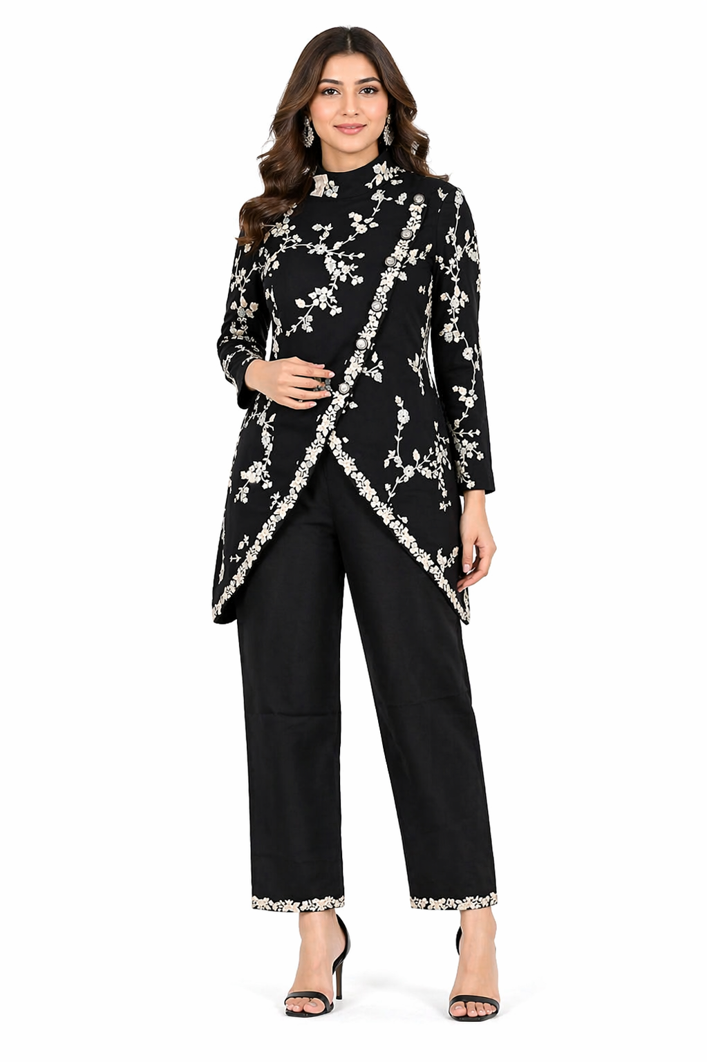 Black Co-ord Set with Overlap Collar Jacket & Katan Silk Pant