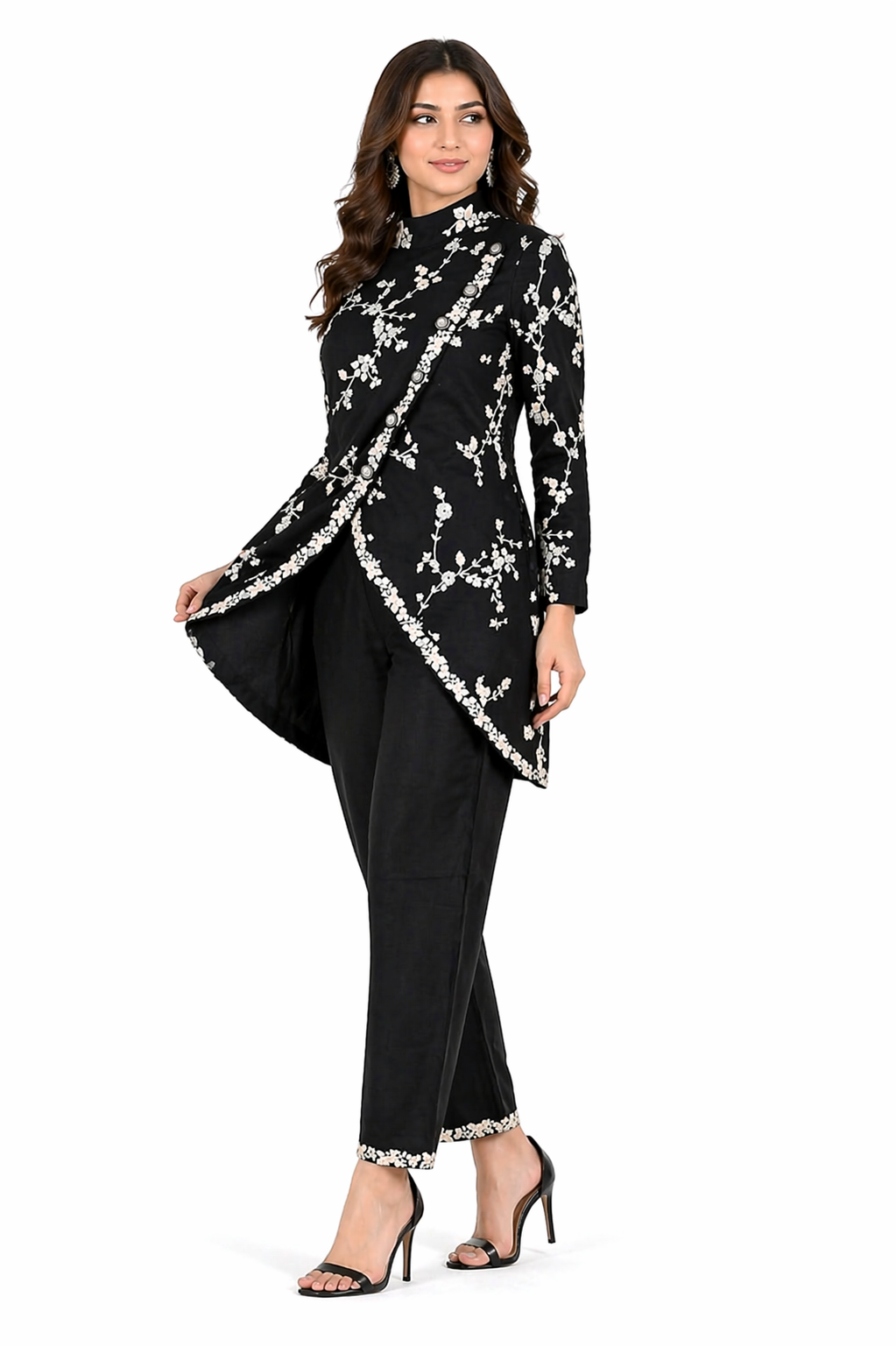 Black Co-ord Set with Overlap Collar Jacket & Katan Silk Pant