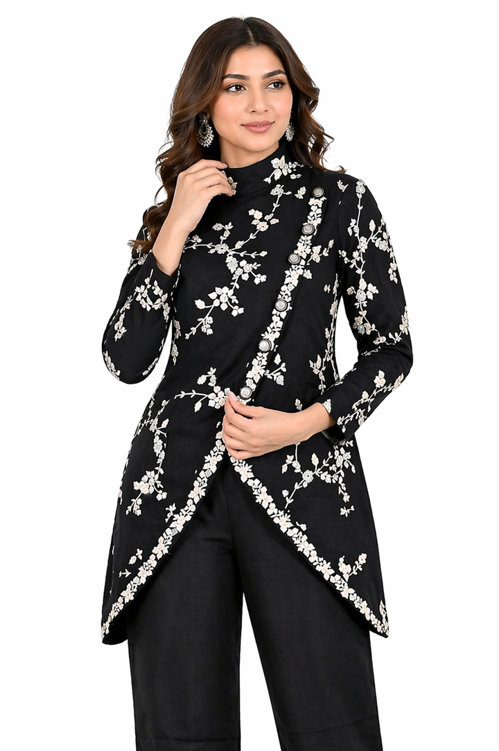 Black Co-ord Set with Overlap Collar Jacket & Katan Silk Pant