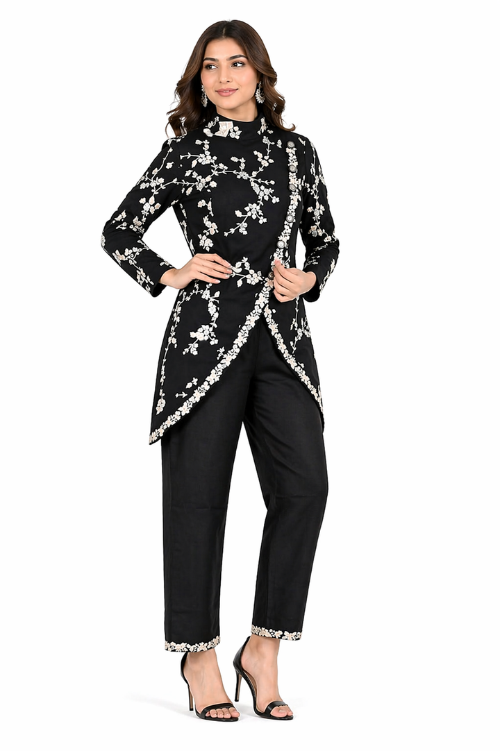 Black Co-ord Set with Overlap Collar Jacket & Katan Silk Pant