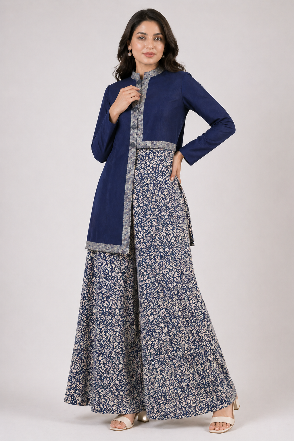 Navy Blue Katan Silk High-Low Jacket Set with Bell Bottom