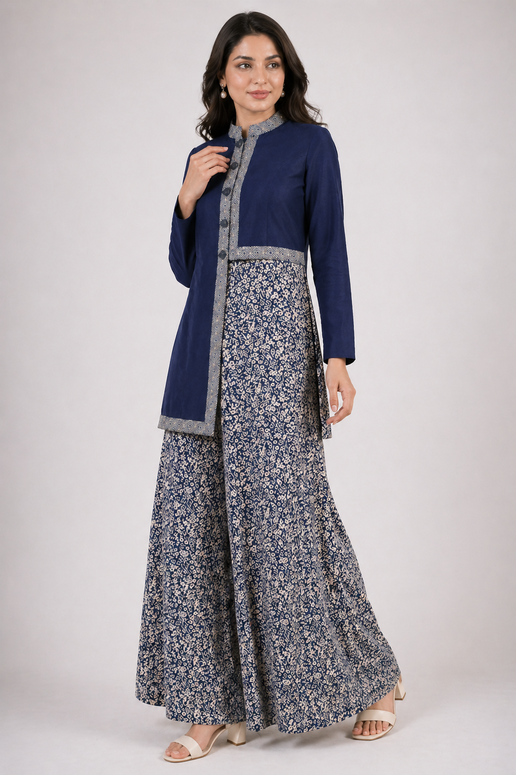 Navy Blue Katan Silk High-Low Jacket Set with Bell Bottom
