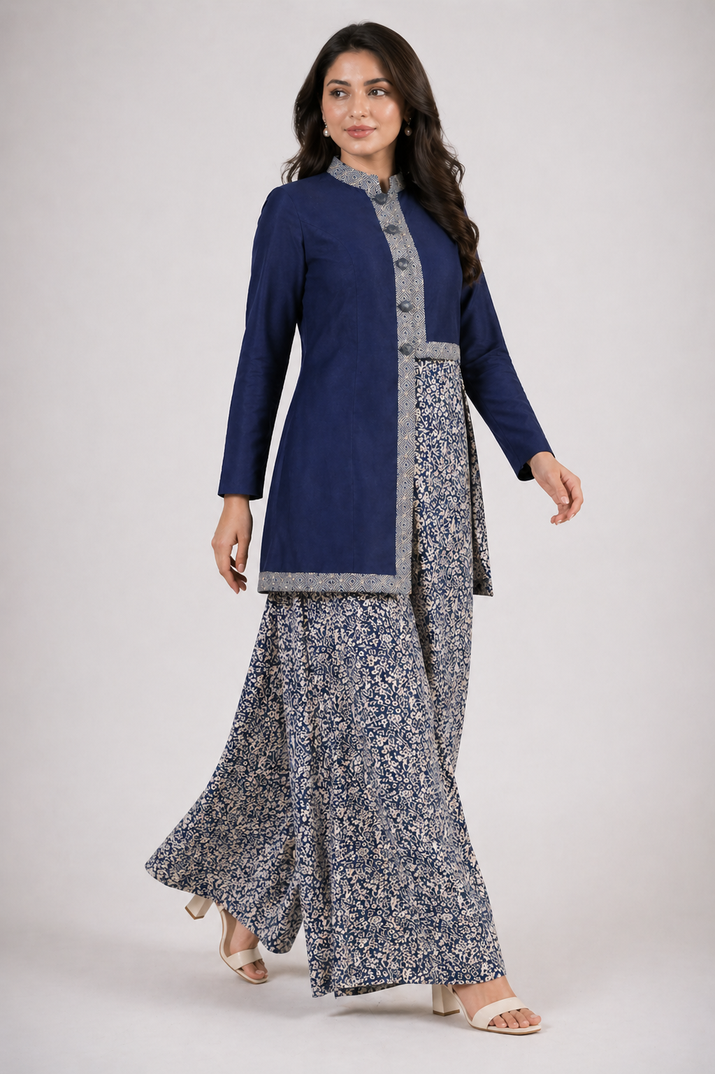 Navy Blue Katan Silk High-Low Jacket Set with Bell Bottom