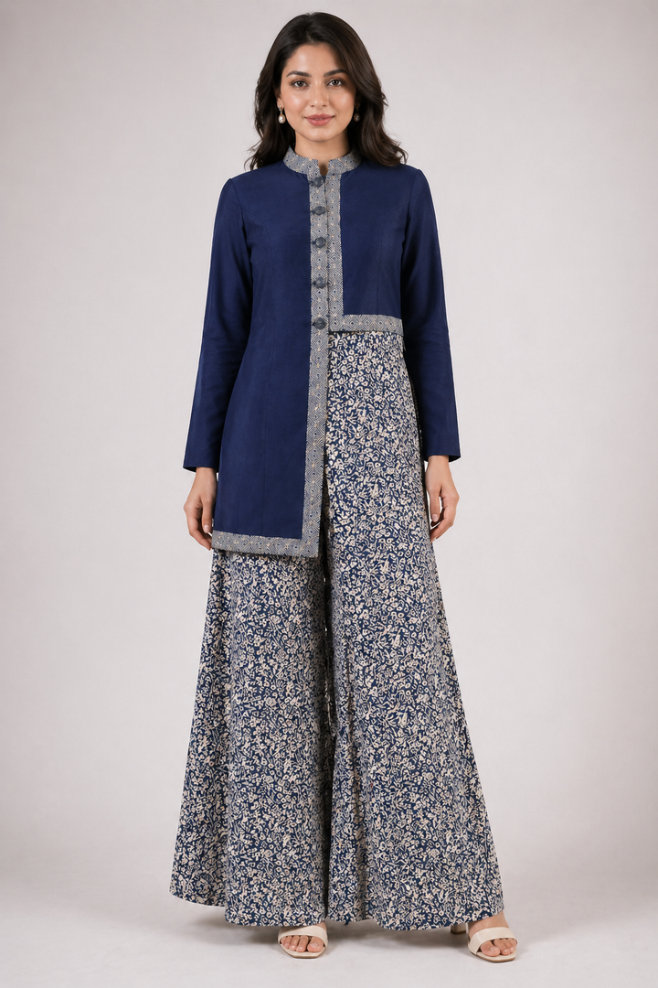 Navy Blue Katan Silk High-Low Jacket Set with Bell Bottom