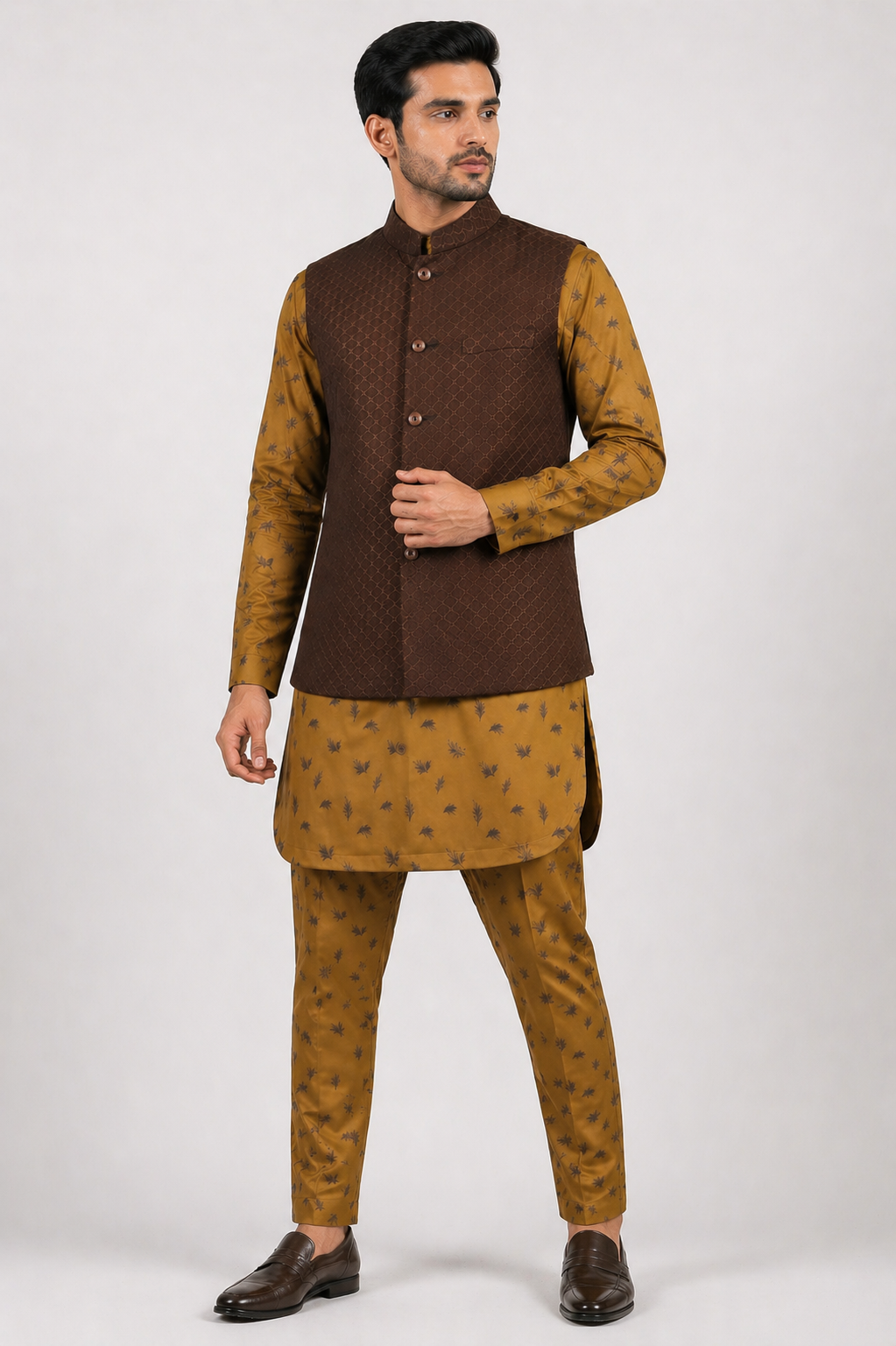 Brown Katan Silk Jacket Kurta Set with Printed Linen Kurta & Pant