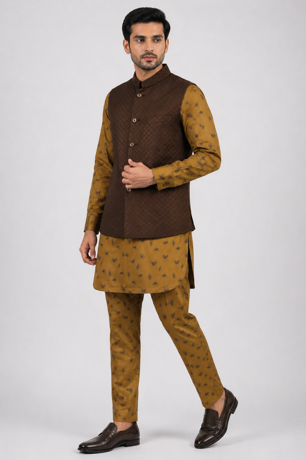 Brown Katan Silk Jacket Kurta Set with Printed Linen Kurta & Pant