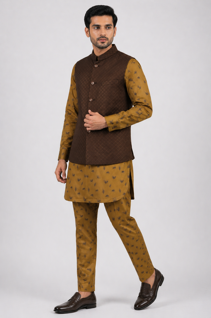 Brown Katan Silk Jacket Kurta Set with Printed Linen Kurta & Pant