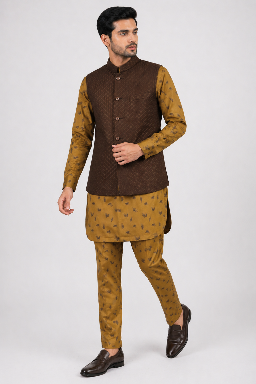 Brown Katan Silk Jacket Kurta Set with Printed Linen Kurta & Pant