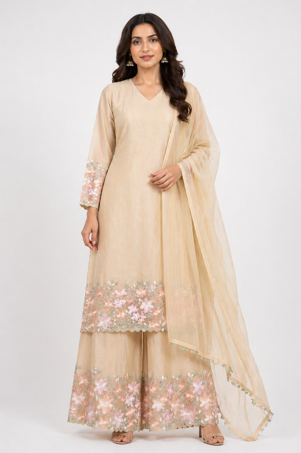 Beige Organza Kurti Set Palazzo with embroidery Work