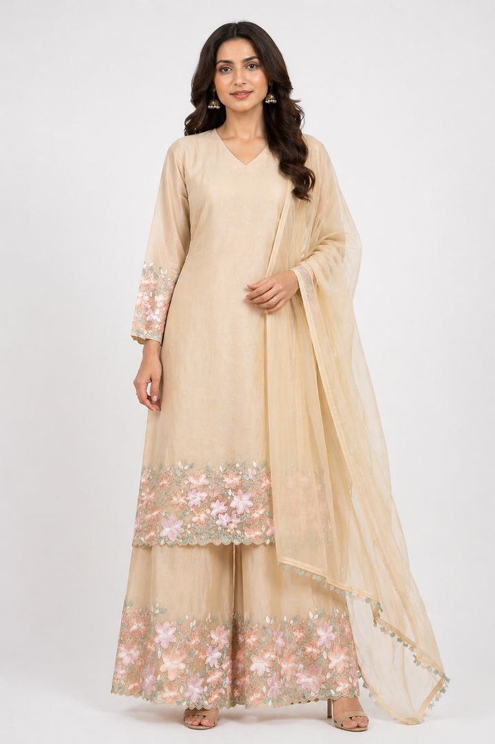 Beige Organza Kurti Set Palazzo with embroidery Work