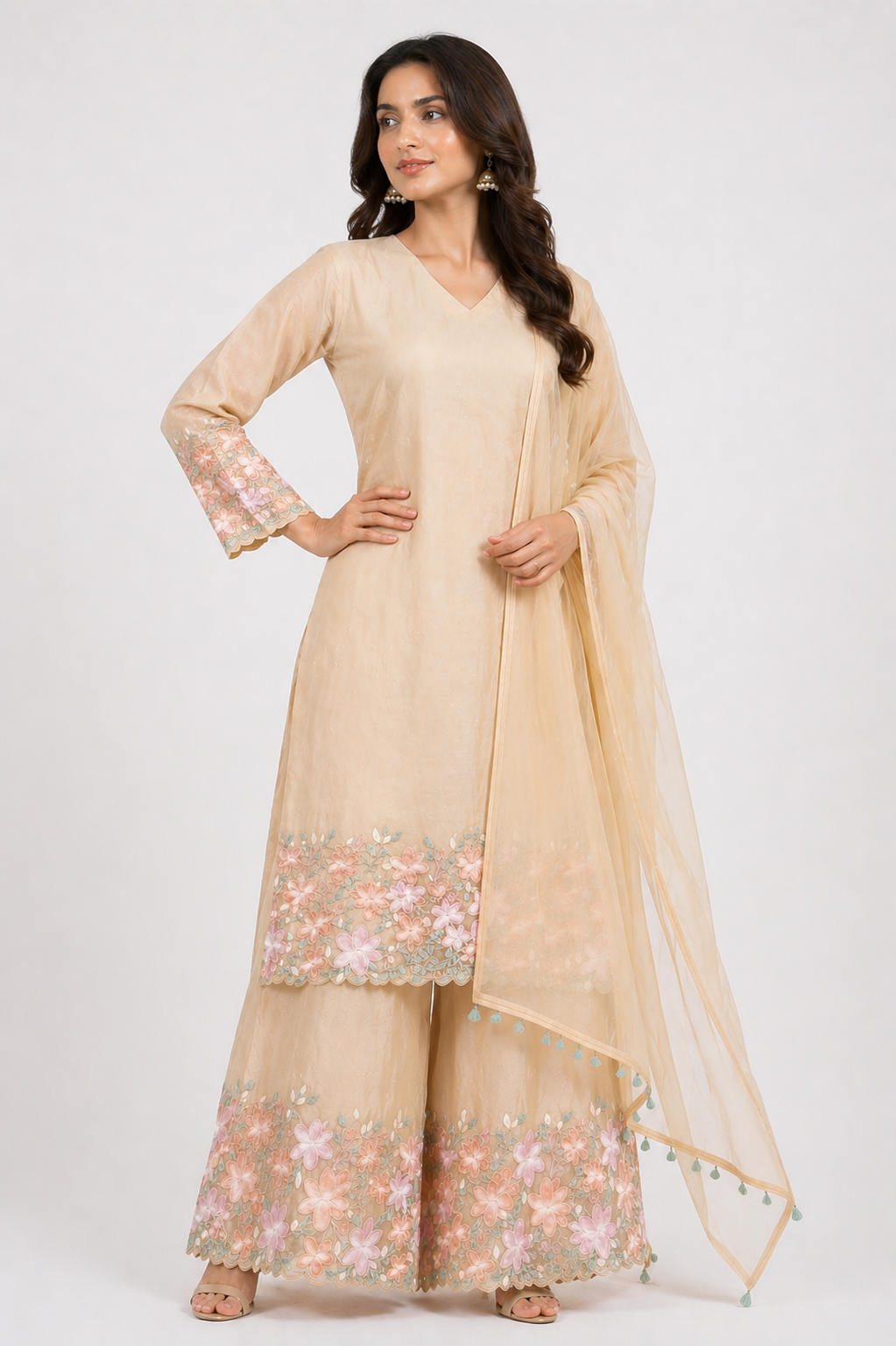 Beige Organza Kurti Set Palazzo with embroidery Work