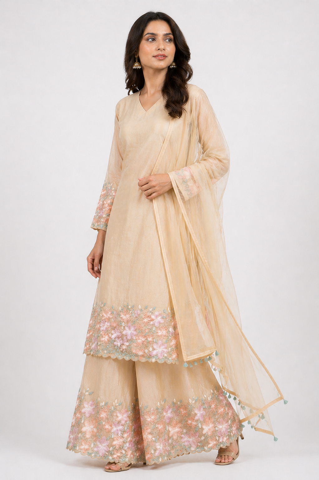 Beige Organza Kurti Set Palazzo with embroidery Work