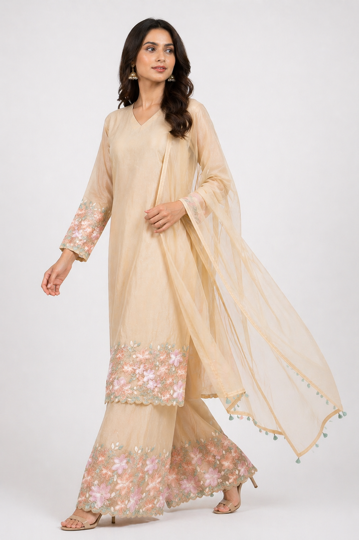 Beige Organza Kurti Set Palazzo with embroidery Work