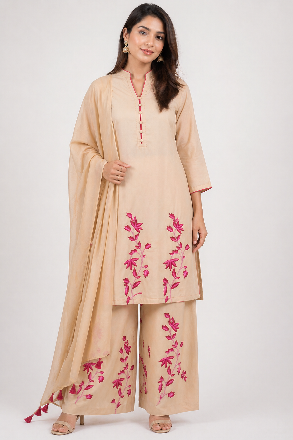 Beige Katan Silk Kurti Set with Palazzo & Chanderi Dupatta