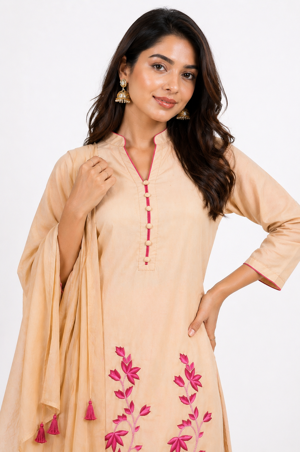 Beige Katan Silk Kurti Set with Palazzo & Chanderi Dupatta