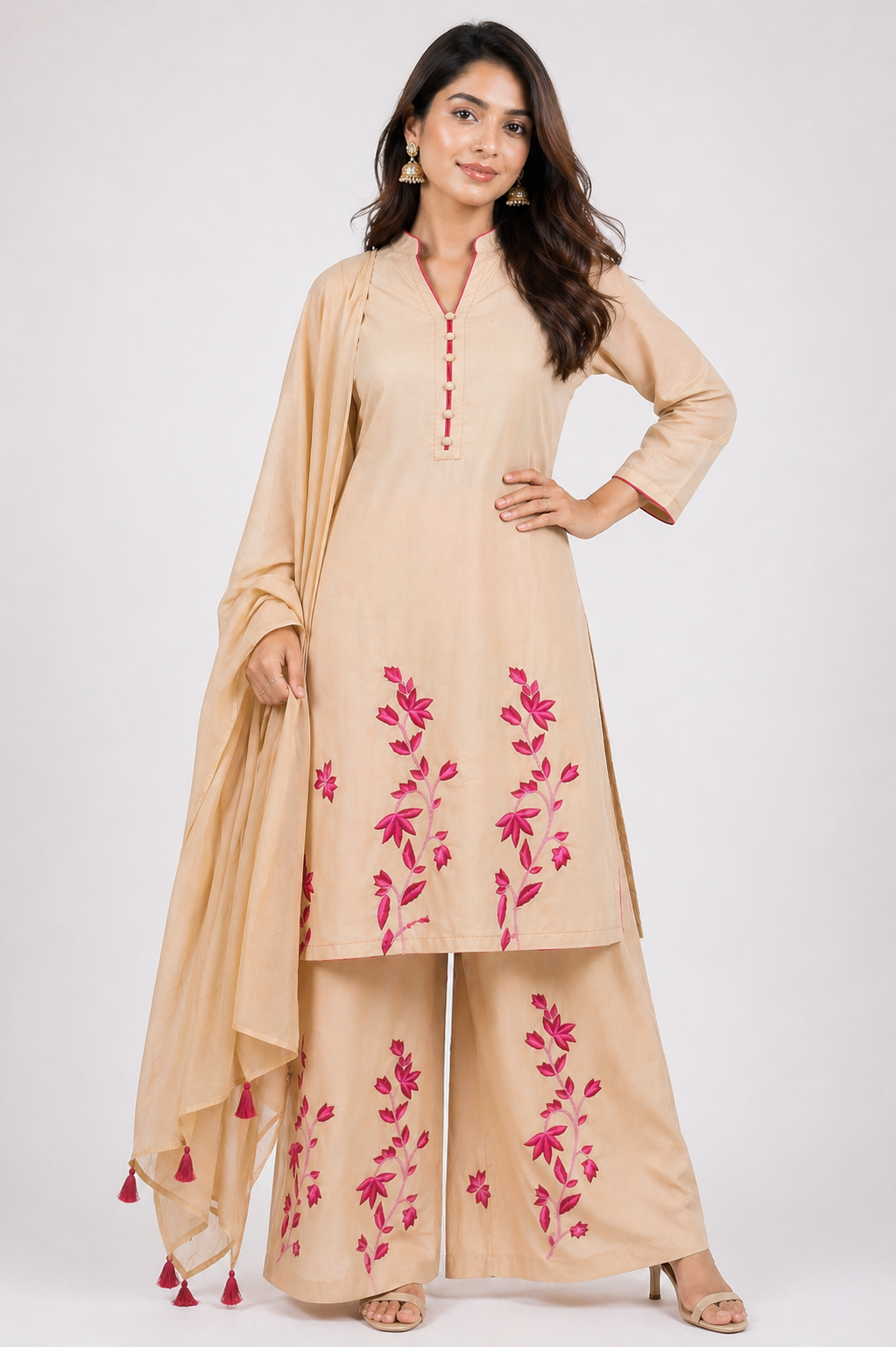 Beige Katan Silk Kurti Set with Palazzo & Chanderi Dupatta