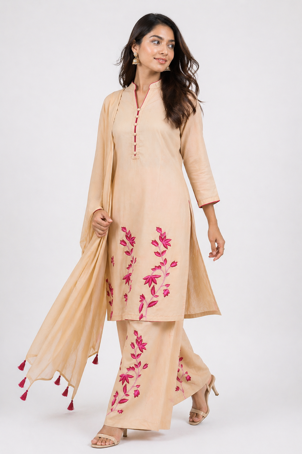 Beige Katan Silk Kurti Set with Palazzo & Chanderi Dupatta