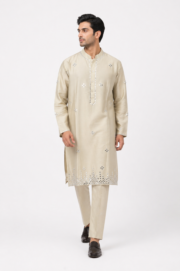 Mint Green Katan Silk Kurta Set Pant with Mirror Work