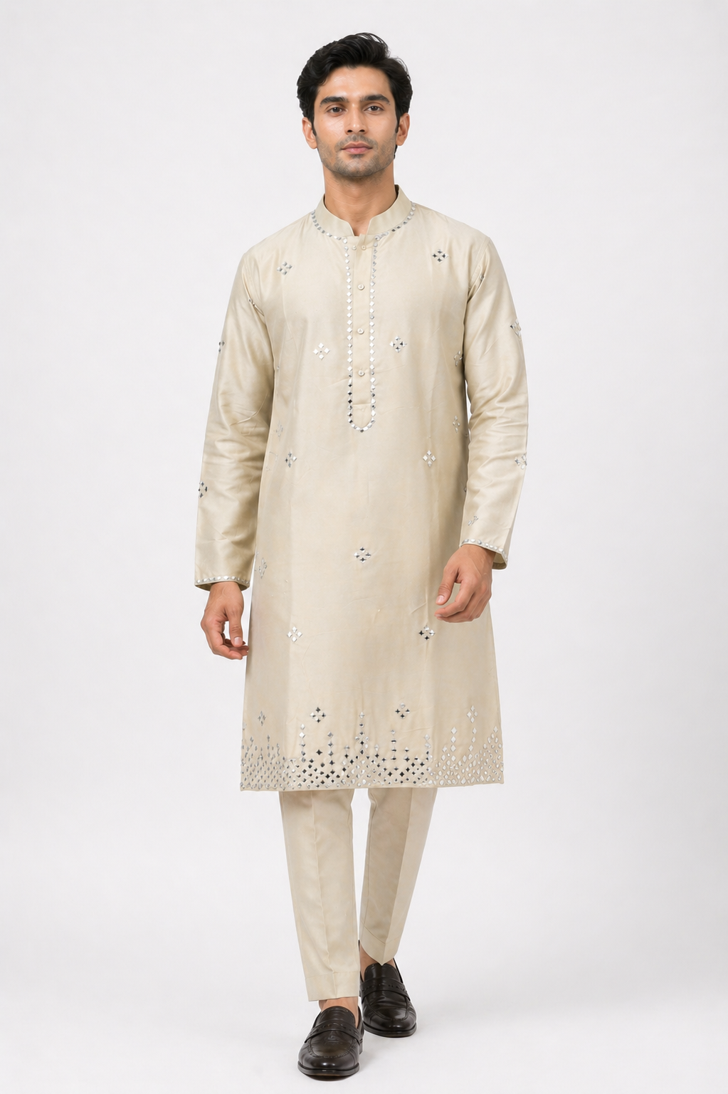 Mint Green Katan Silk Kurta Set Pant with Mirror Work