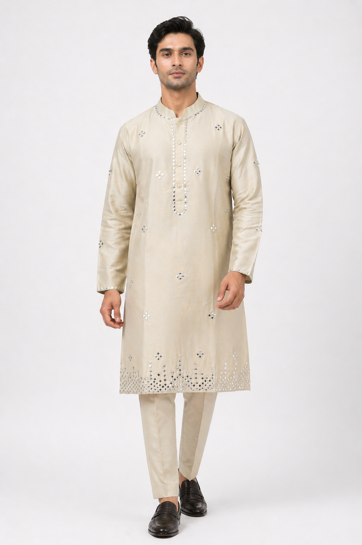 Mint Green Katan Silk Kurta Set Pant with Mirror Work