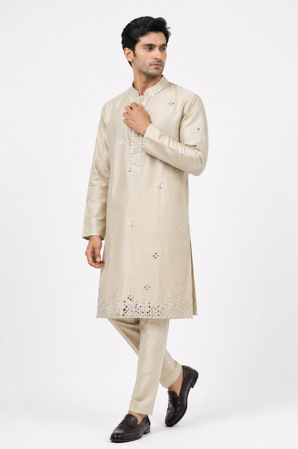 Mint Green Katan Silk Kurta Set Pant with Mirror Work