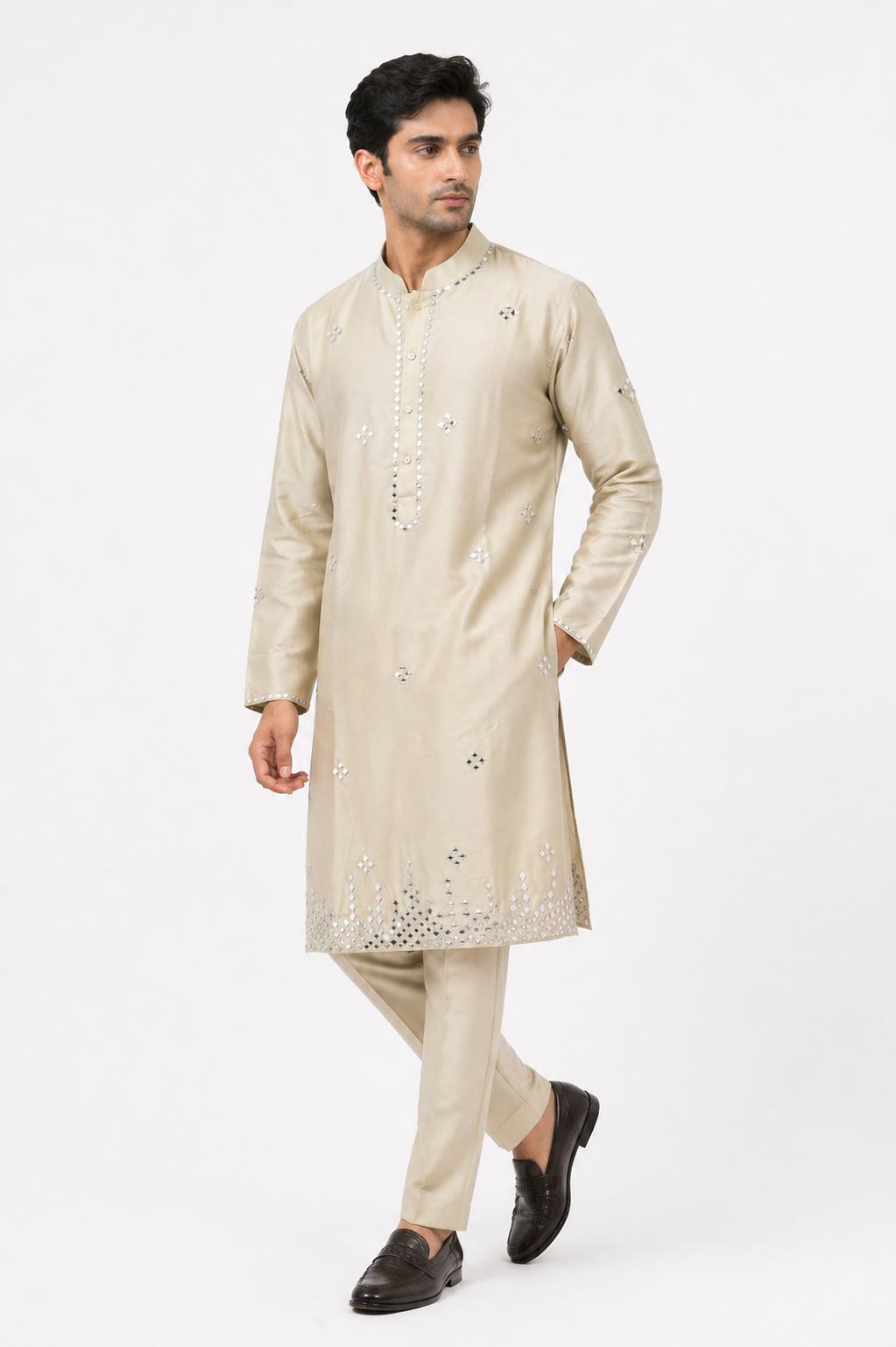 Mint Green Katan Silk Kurta Set Pant with Mirror Work