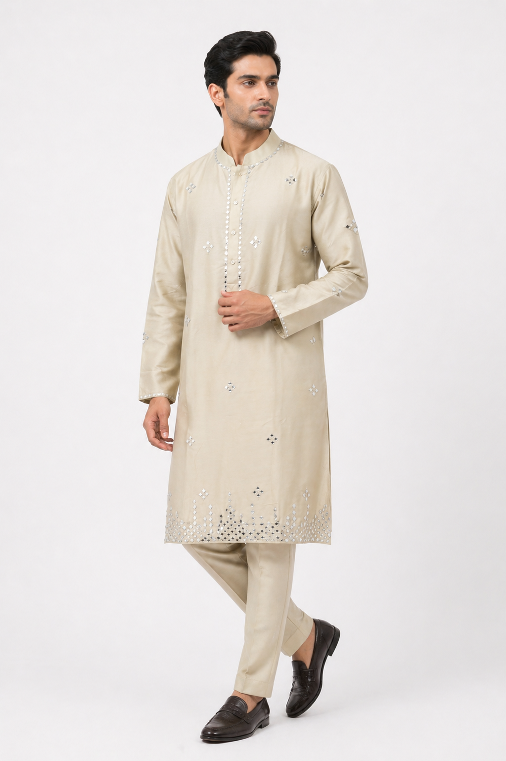 Mint Green Katan Silk Kurta Set Pant with Mirror Work