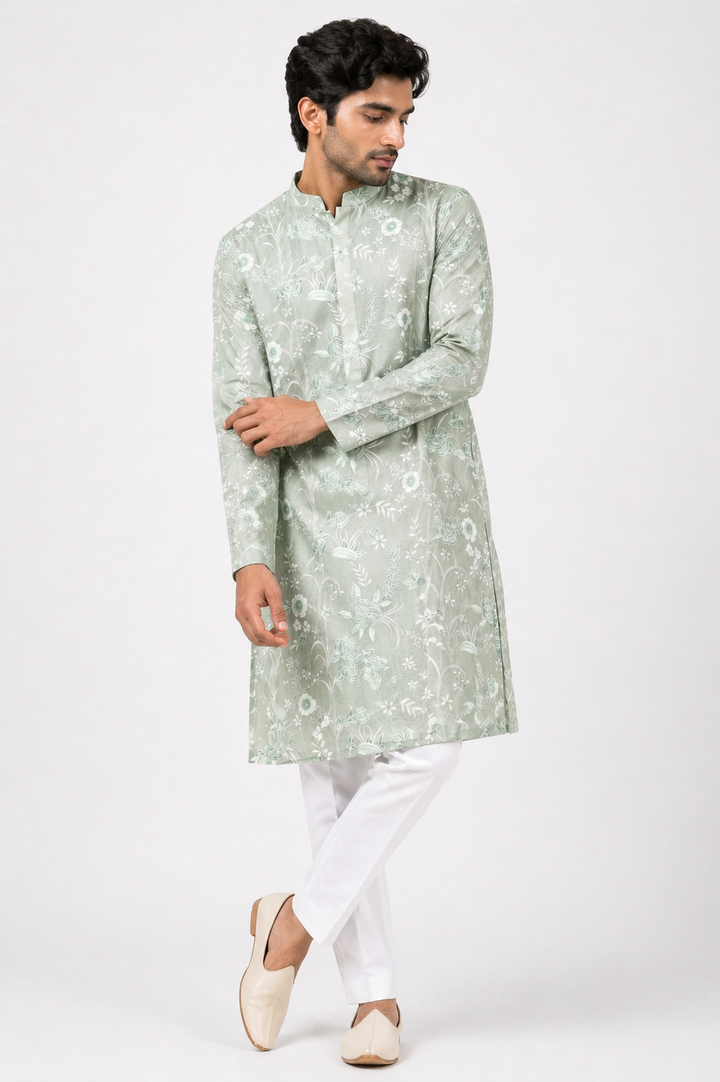 Mist Green Kurta Set with Bamber Silk Kurta & Katan Silk Pant