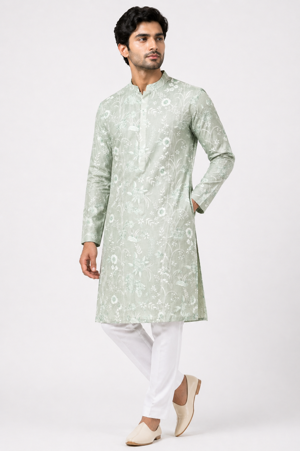 Mist Green Kurta Set with Bamber Silk Kurta & Katan Silk Pant