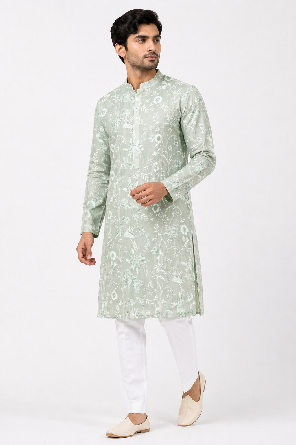 Mist Green Kurta Set with Bamber Silk Kurta & Katan Silk Pant