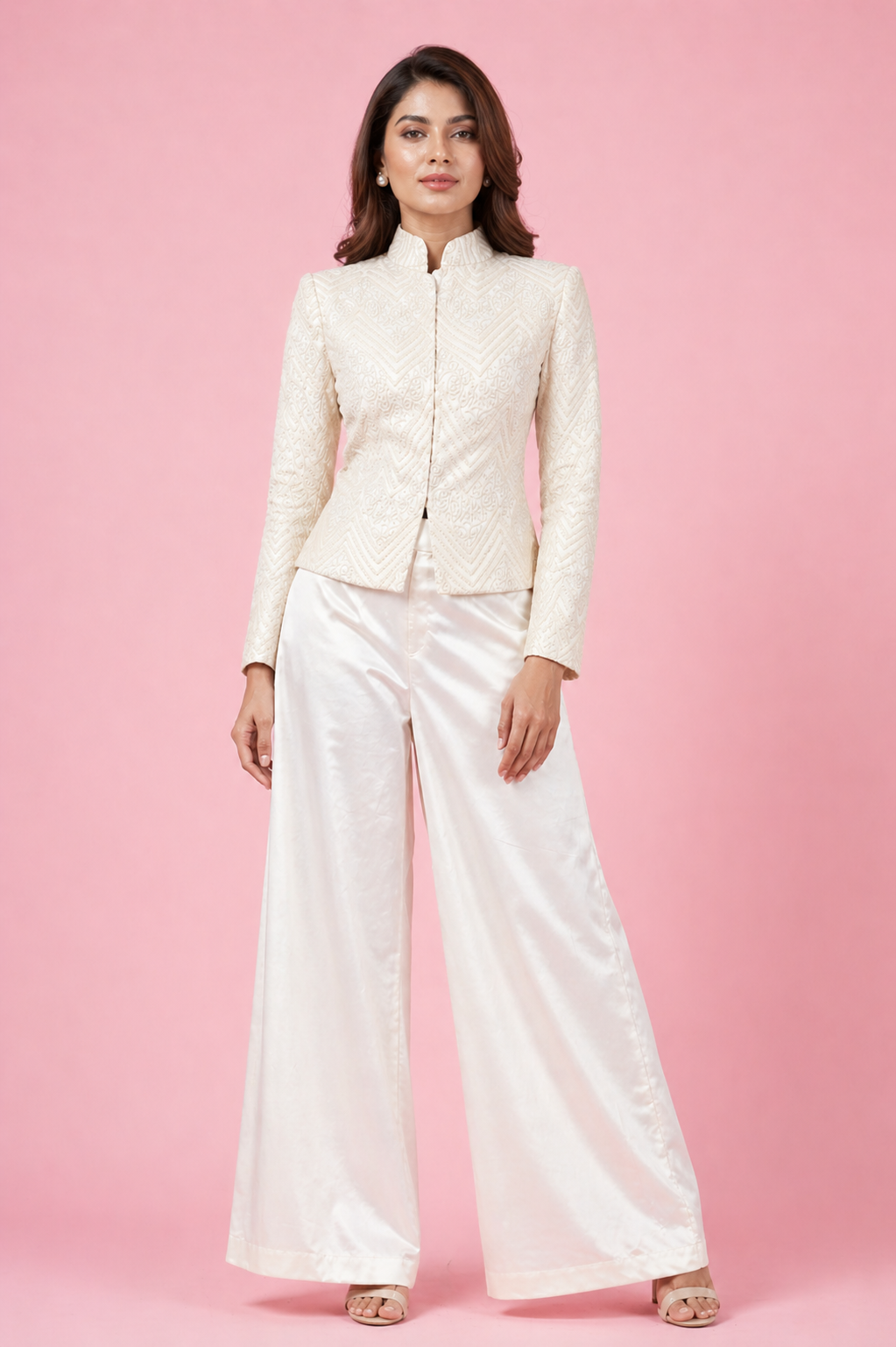 Off White Chikankari Jacket Co-ord Set with Satin Lycra Bell Bottom