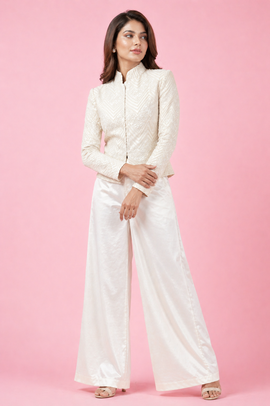 Off White Chikankari Jacket Co-ord Set with Satin Lycra Bell Bottom
