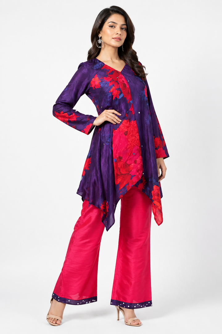 Navy Blue Printed Co-ord Set with Bright Pink Raw Silk Pant