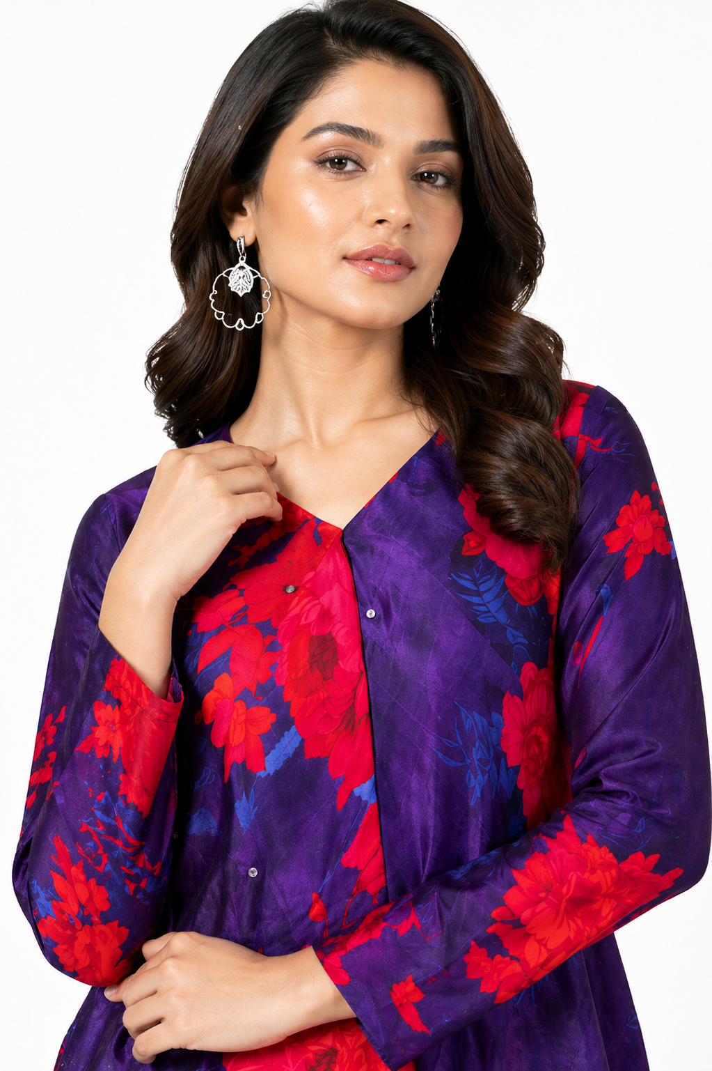 Navy Blue Printed Co-ord Set with Bright Pink Raw Silk Pant
