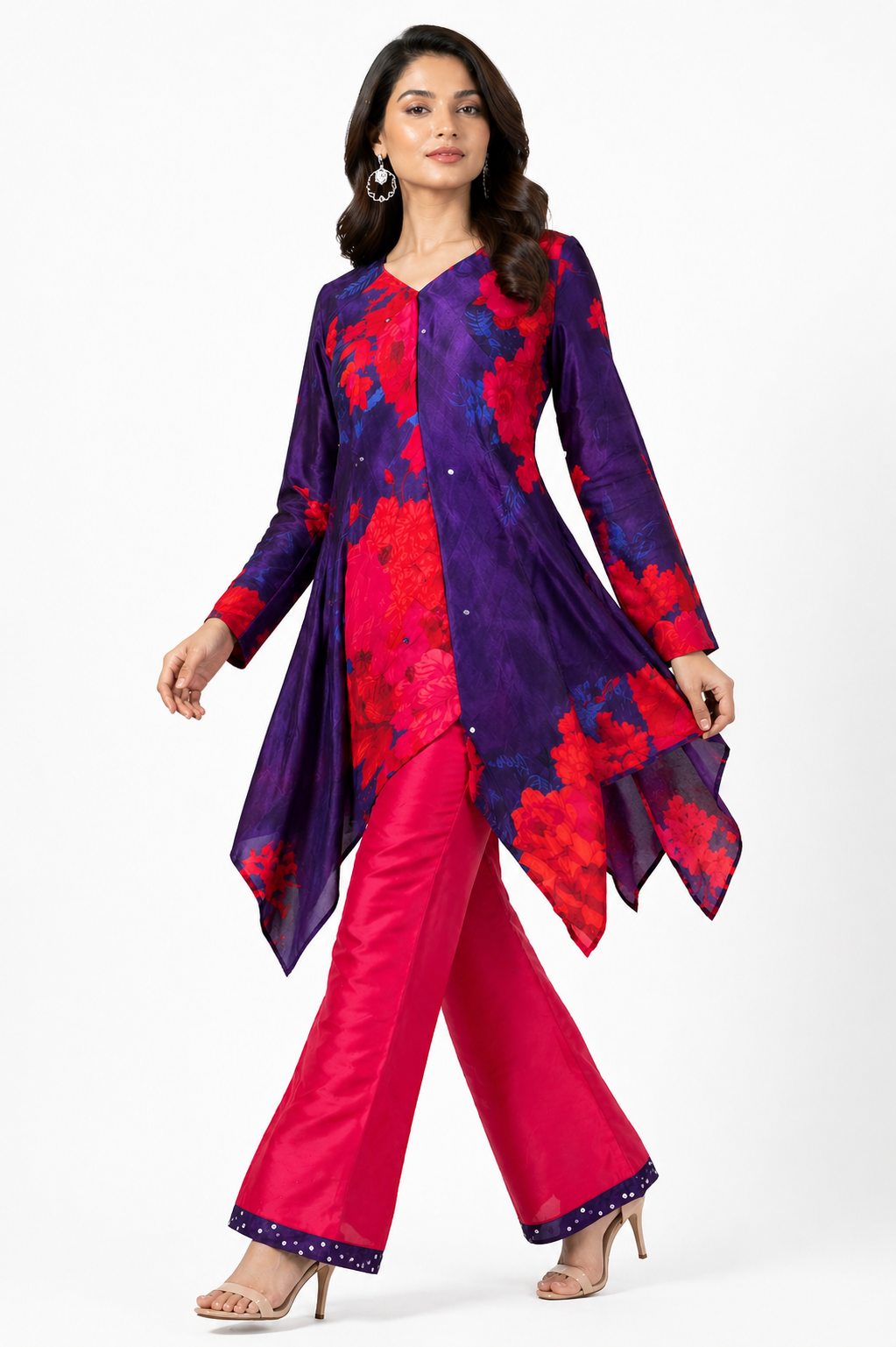 Navy Blue Printed Co-ord Set with Bright Pink Raw Silk Pant
