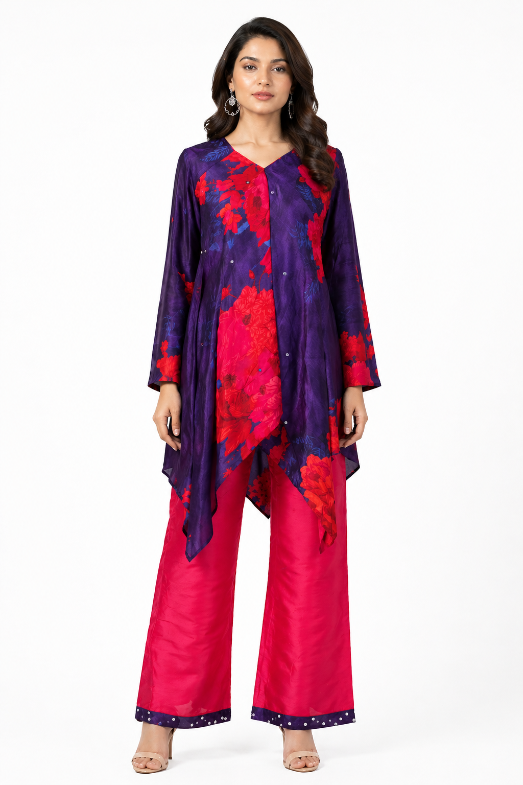 Navy Blue Printed Co-ord Set with Bright Pink Raw Silk Pant