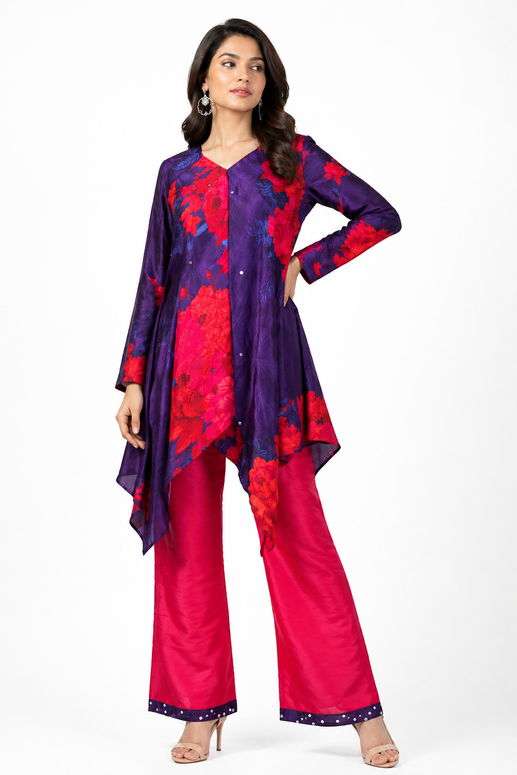 Navy Blue Printed Co-ord Set with Bright Pink Raw Silk Pant