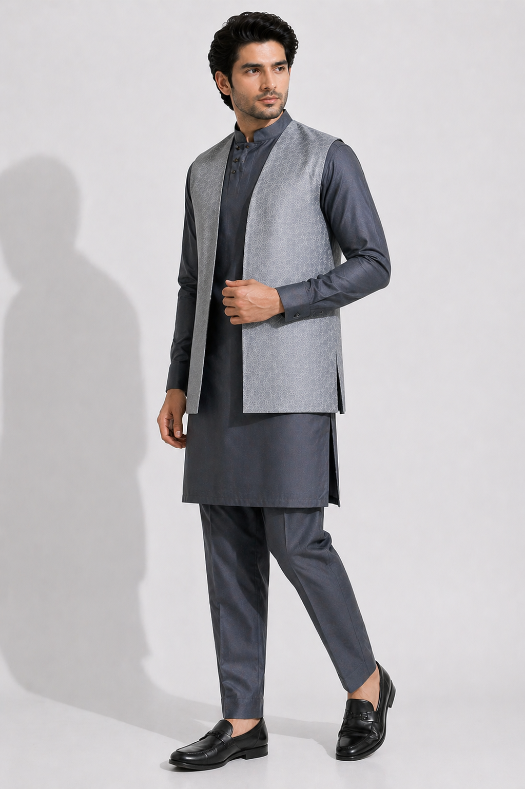 Ash Grey Katan Silk Kurta Set with Raw Silk Jacket