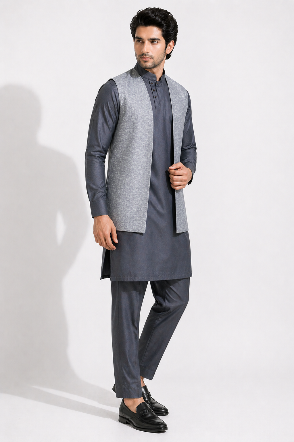 Ash Grey Katan Silk Kurta Set with Raw Silk Jacket