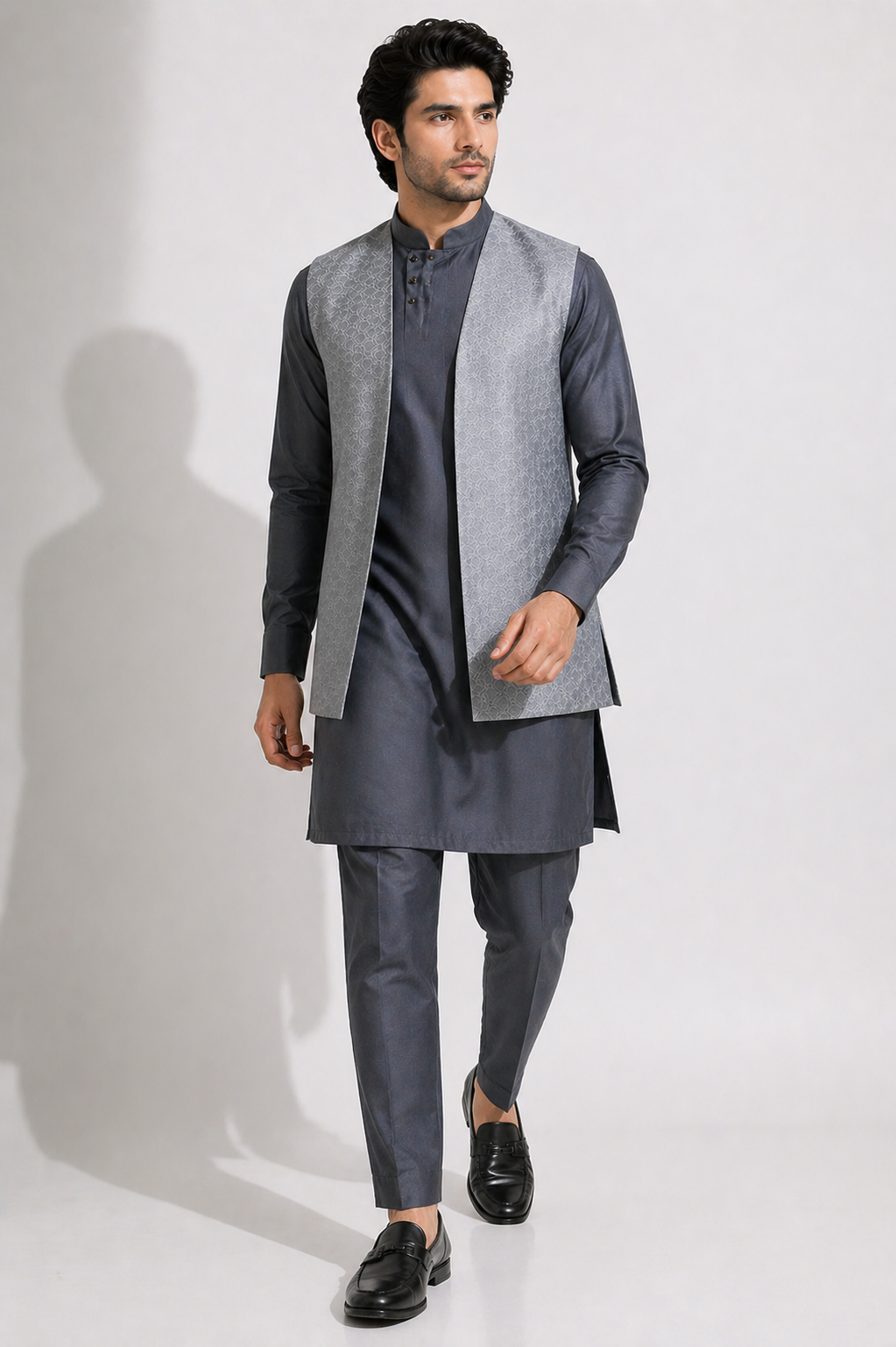 Ash Grey Katan Silk Kurta Set with Raw Silk Jacket