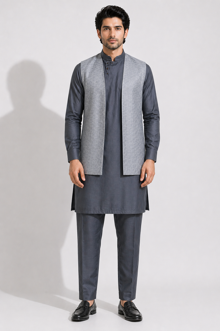 Ash Grey Katan Silk Kurta Set with Raw Silk Jacket