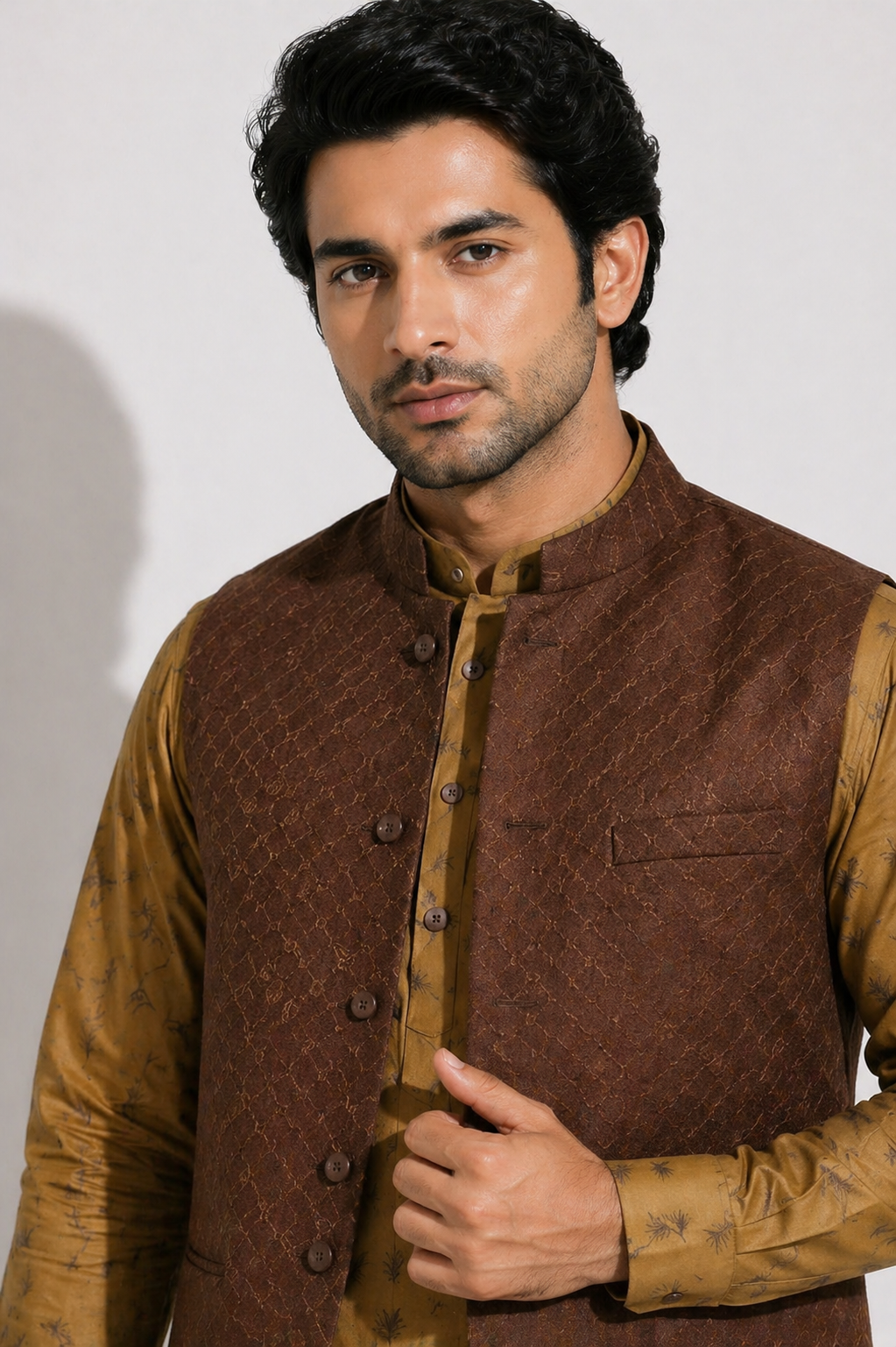 Brown Katan Silk Jacket Kurta Set with Printed Linen Kurta & Pant