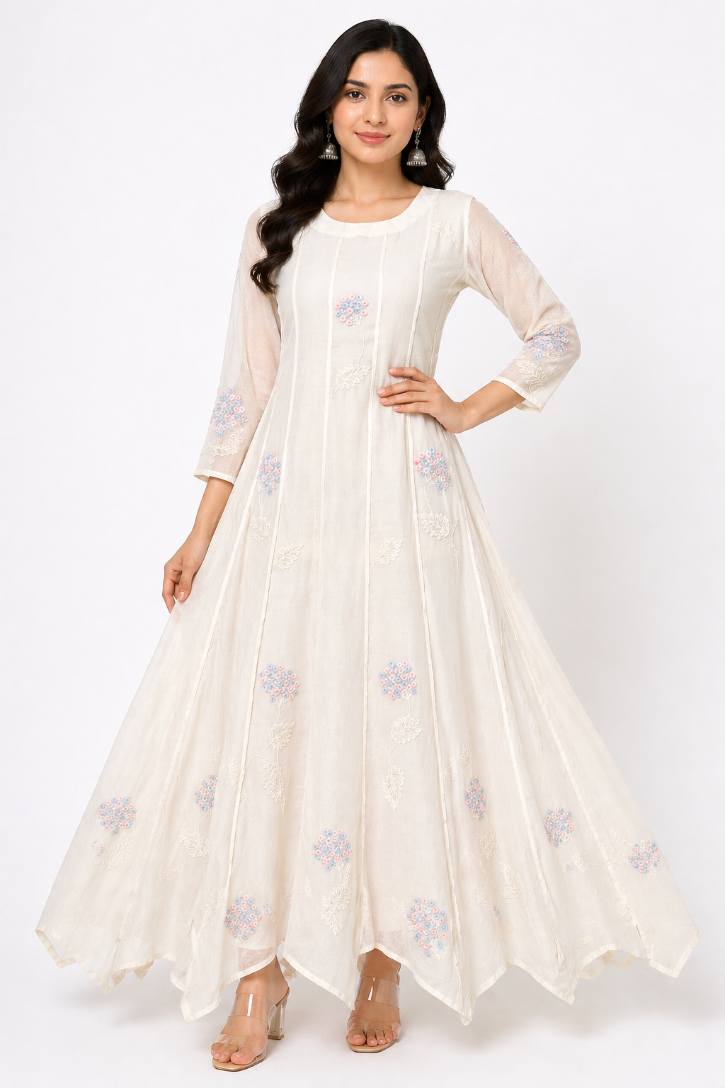 Off White Chanderi Anarkali with Embroidery Work