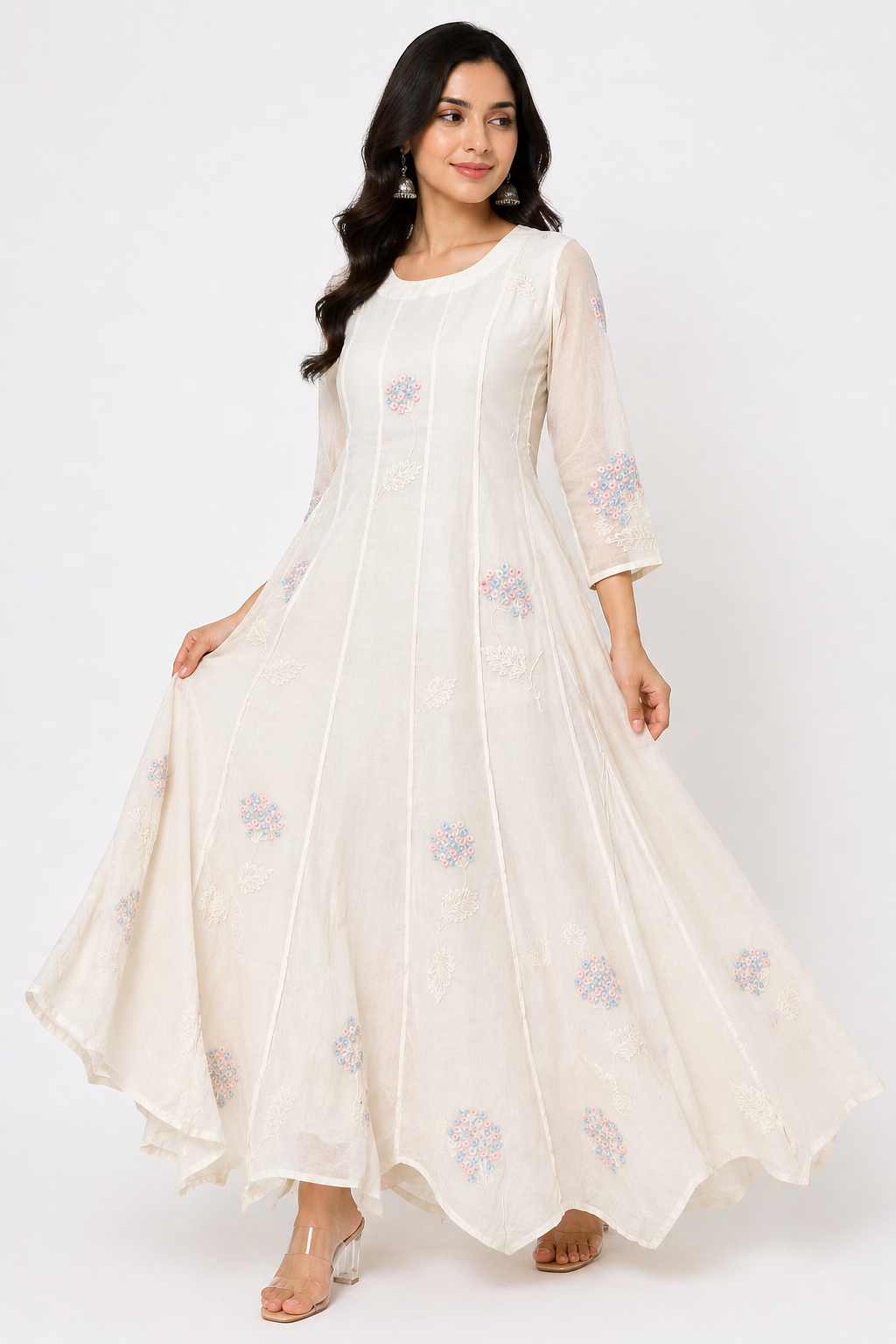 Off White Chanderi Anarkali with Embroidery Work