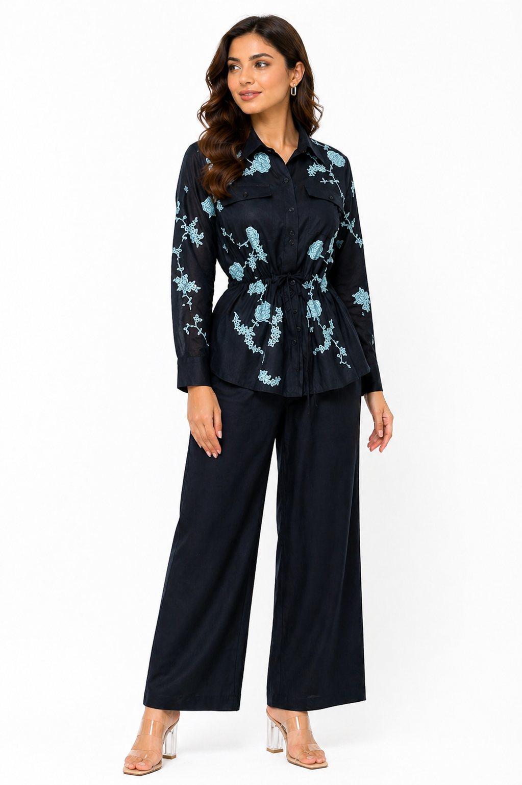 Navy Blue Cotton Satin Co-ord Set with Shirt Collar & Pant