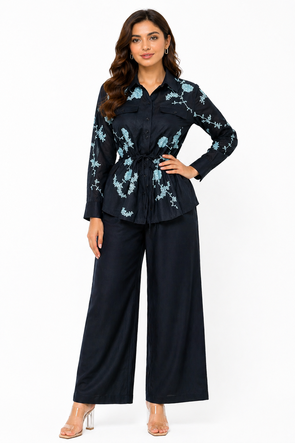 Navy Blue Cotton Satin Co-ord Set with Shirt Collar & Pant